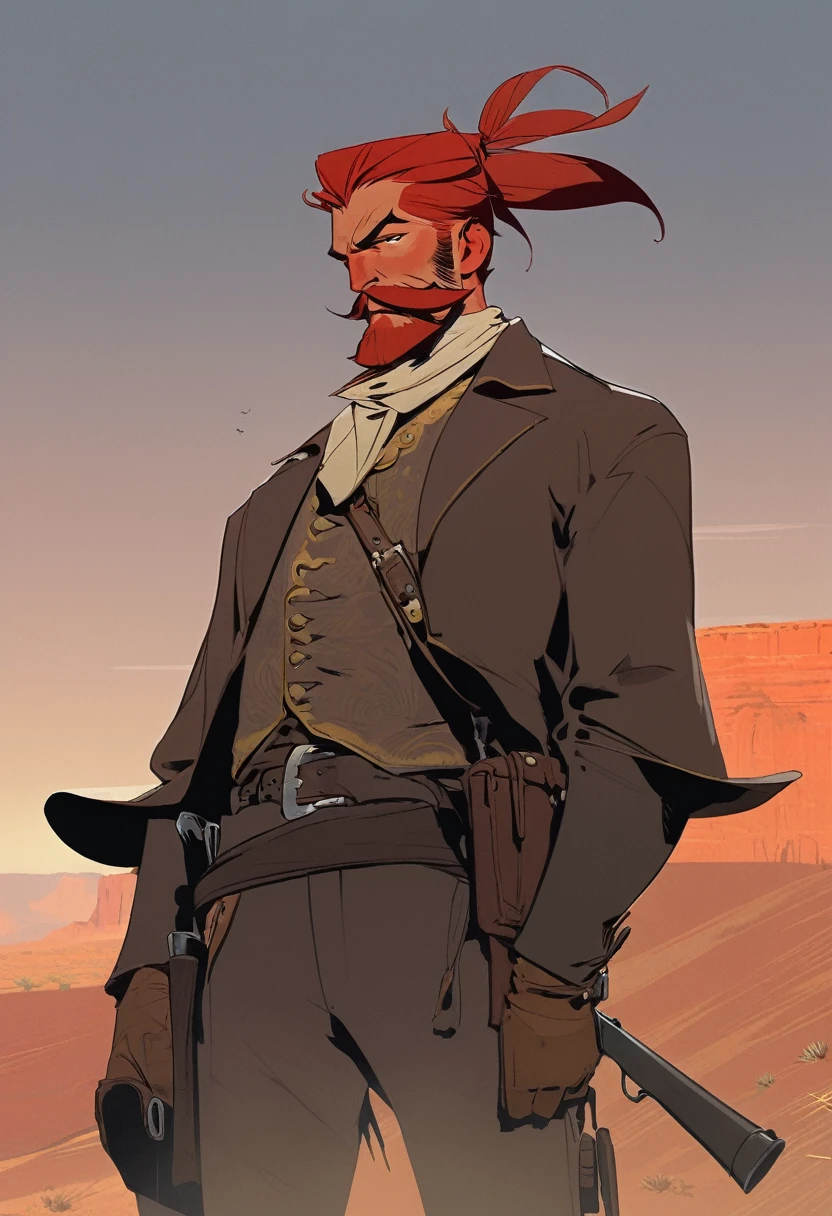 score_9, score_8_up, score_7_up, score_6_up, score_5_up, score_4_up, 1man, Western, Desert, Dark night, Horizon, far away, Wild West, red dead Redemption, cartoon art style, Red hair with two strands popping out at the front, Hair bun, Thick mustache, solo, male, Revolver, Gunslinger, cowboy hat, Rude, Masculinity, honor, Fearless look 