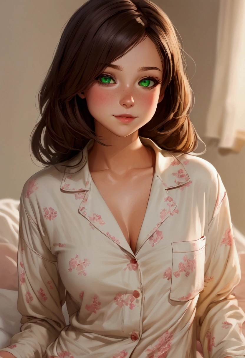 1chica, Hair:waist-deep dark brown, green eyes, clear skin, Female gender, breasts size m, little hips and little waist, with pajamas.