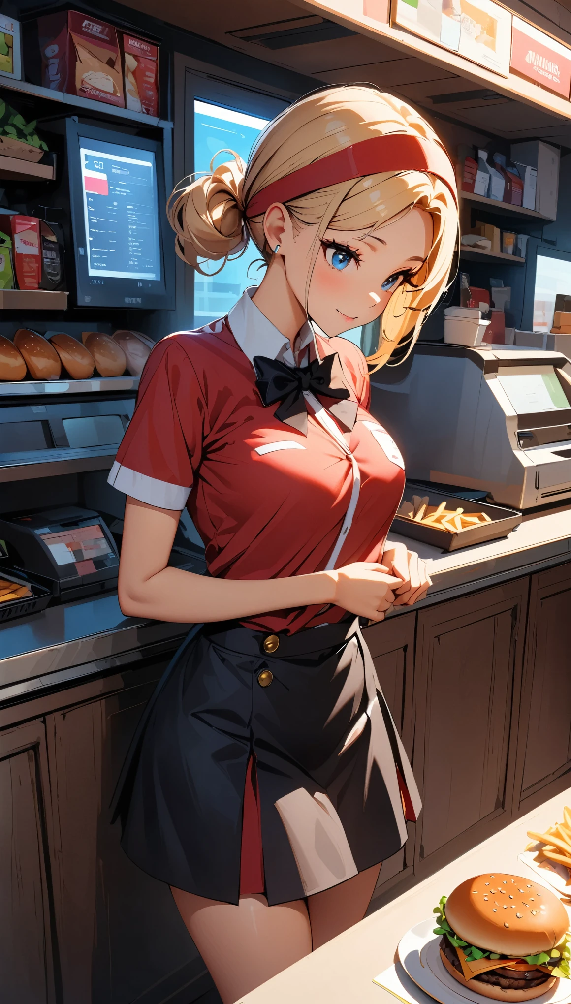 (Highest quality:1.2, Very detailed, up to date, Vibrant, Ultra-high resolution, High Contrast, masterpiece:1.2, Highest quality, Best aesthetics), 1 female, Female fast food store clerk, Red Shirt, Red visor, Black Mini Skirt, Hamburger Shop Uniform, Displayed Items, Bright interior, Female clerk at the counter, Pleasant background music, Cleanly swept floor, Tasty burger and fries, Items around the cash register,