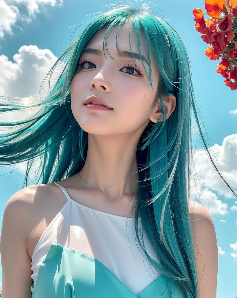 (Highest quality, 32k, High resolution, Masterpiece:1.5, ), marimo_jet, god々A photograph with brilliant dazzling and healing power., Evoking a sense of calm and elusive beauty, Expressing emotions, Have a rich imagination, Beautiful Japanese Girls, ((Low - Angle:1.4)), An exceptionally beautiful face, Small Face Beauty, Perfect Human Anatomy, Magical big eyes, Motherhood and generosity, Deep Love, fleeting smile, ((Shiny turquoise hair:1.4)), Super long straight silk hair swaying in the wind, Asymmetrical bangs, Hair between the eyes, Transparent, soft white skin, Sharp eyebrows, Thin lashes, Natural Makeup, Cheek highlighter, Lips with fine detail, (White see-through camisole:1.4), High resolutionの完璧な鎖骨, High resolutionの美しい胸元, Slim figure with ample breasts, High resolutionの美しい太もも, ((Beautifully detailed skies:1.2)), ((Vibrant petal effect:1.3)), Professional photographer, Professional Lighting, Professional models, god秘的