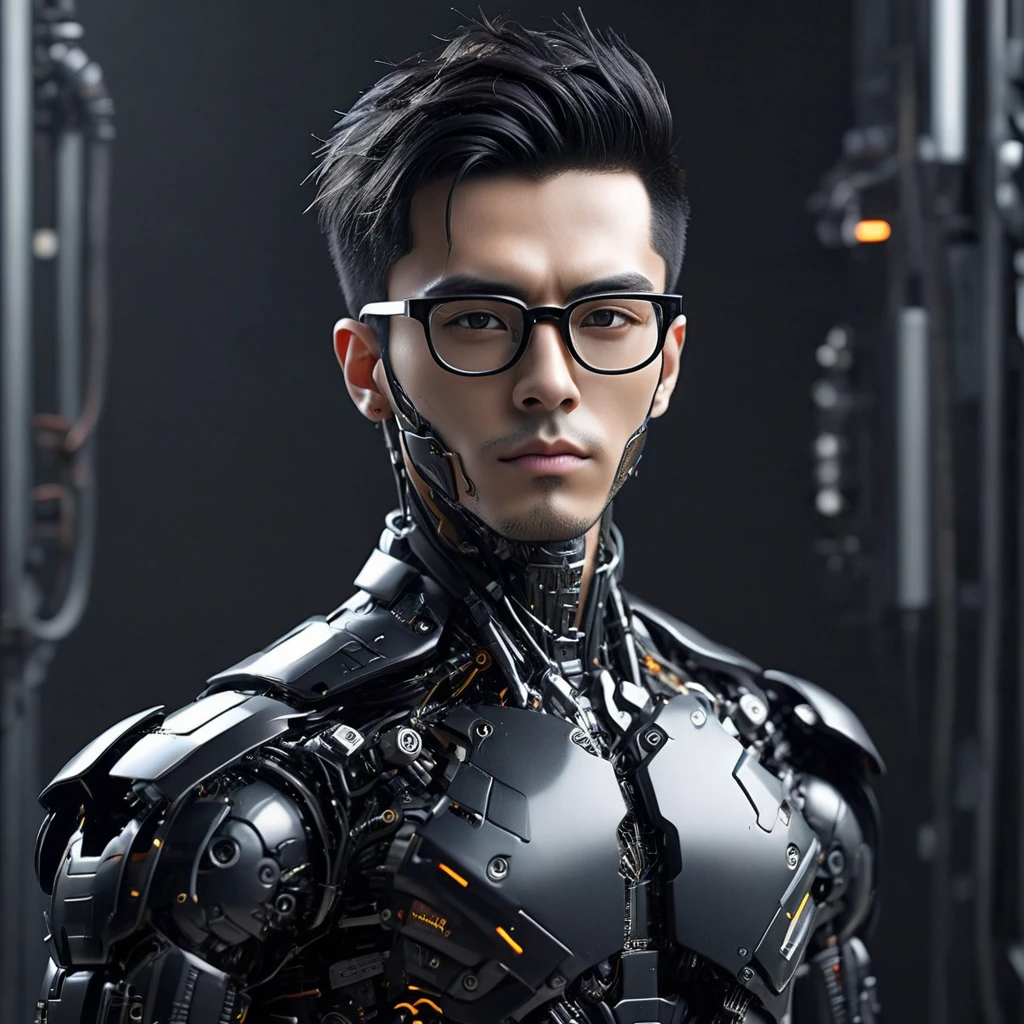 Male robot body hair with black-rimmed glasses with undercut hair, Look to the camera ::futuristic cyberpunk style ,realistic styling ::n_digital painting style, robotic parts, face perfect::seed 1、Black Edged Hair、large nose、Black-based clothing, photo by full body, White background