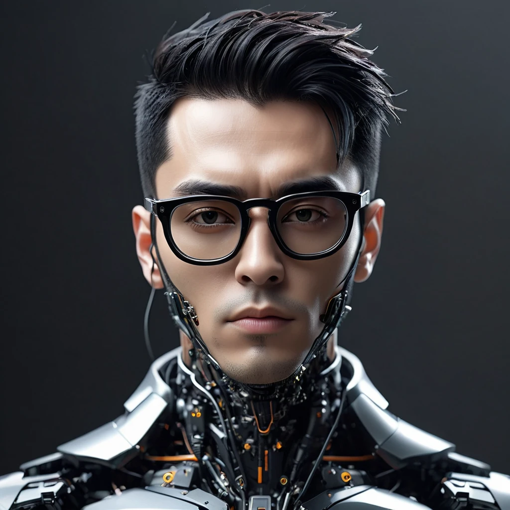 Male robot body hair with black-rimmed glasses with undercut hair, Look to the camera ::futuristic cyberpunk style ,realistic styling ::n_digital painting style, robotic parts, face perfect::seed 1、Black Edged Hair、large nose、Black-based clothing, photo by full body, White background