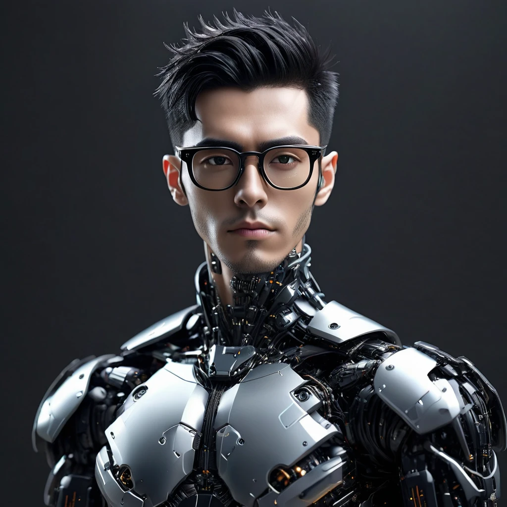 Male robot body hair with black-rimmed glasses with undercut hair, Look to the camera ::futuristic cyberpunk style ,realistic styling ::n_digital painting style, robotic parts, face perfect::seed 1、Black Edged Hair、large nose、Black-based clothing, photo by full body, White background