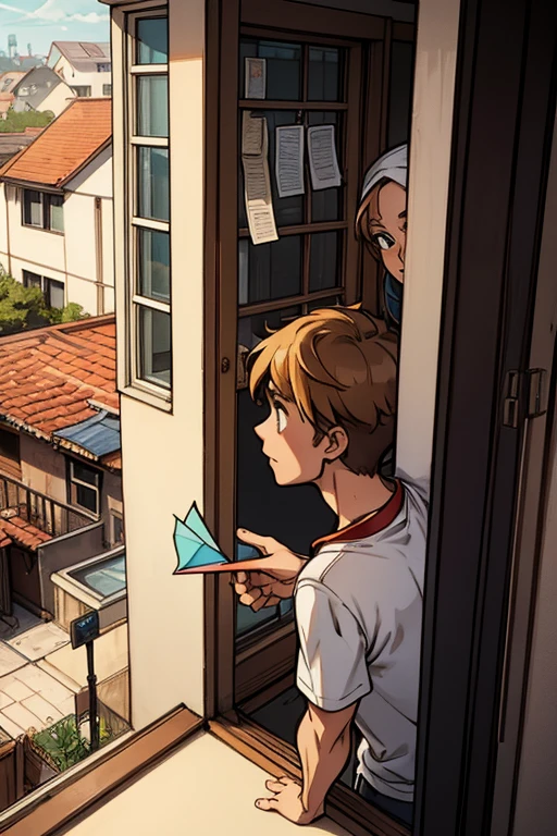 A man throwing a paper plane to his female neighbor from his window to hers.