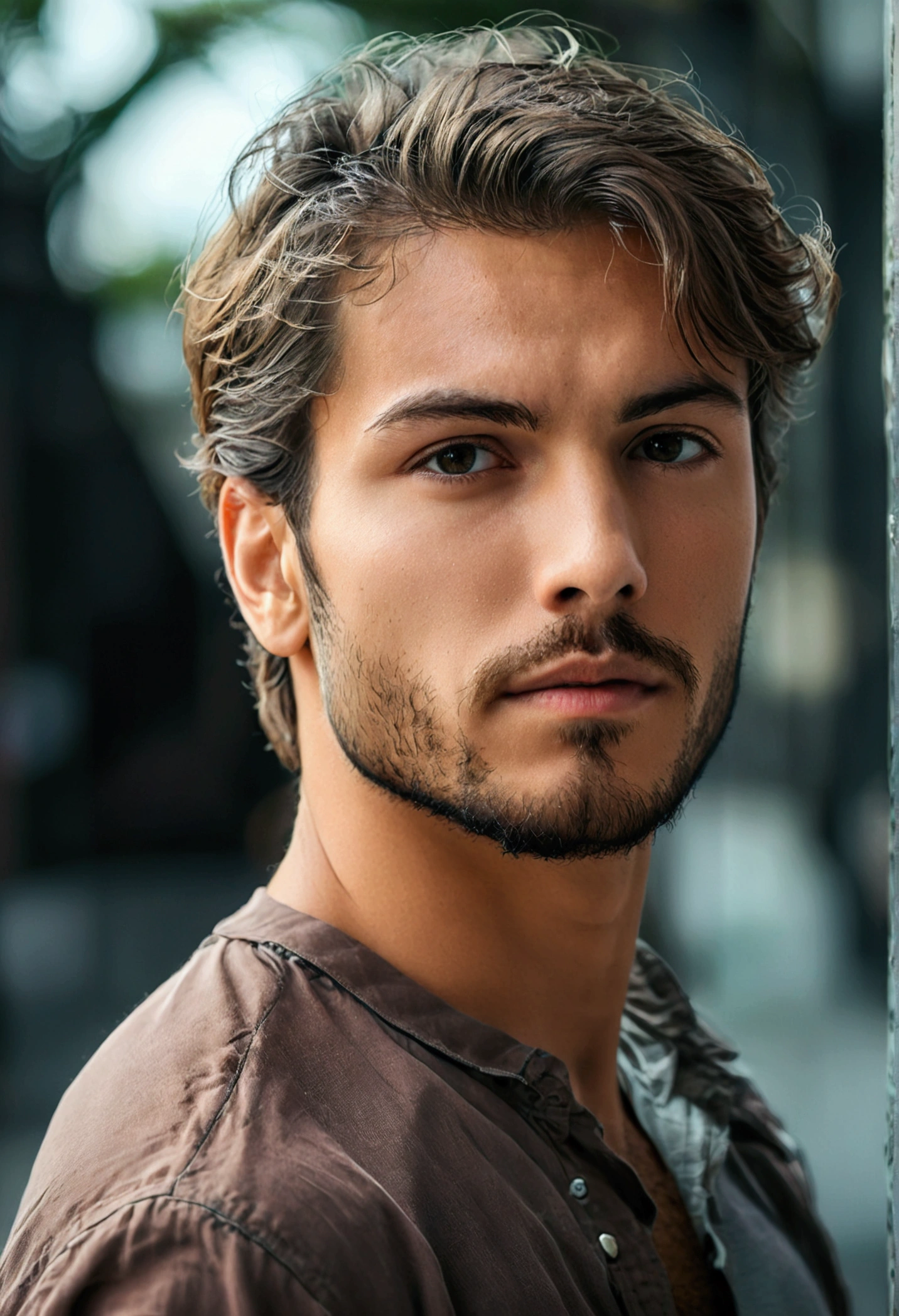 Short beard and grey shirt posing for a photo,casual gesture, Attractive man, Beautiful and attractive face, Beautiful and attractive, Attractive young man, Slim man with light tanned skin., Handsome, shoulder-length brown hair, Male Model, Perfect pretty face, Strong masculine traits, Detailed face, Square chin, Kan Yaman 8k,Wide-angle portrait