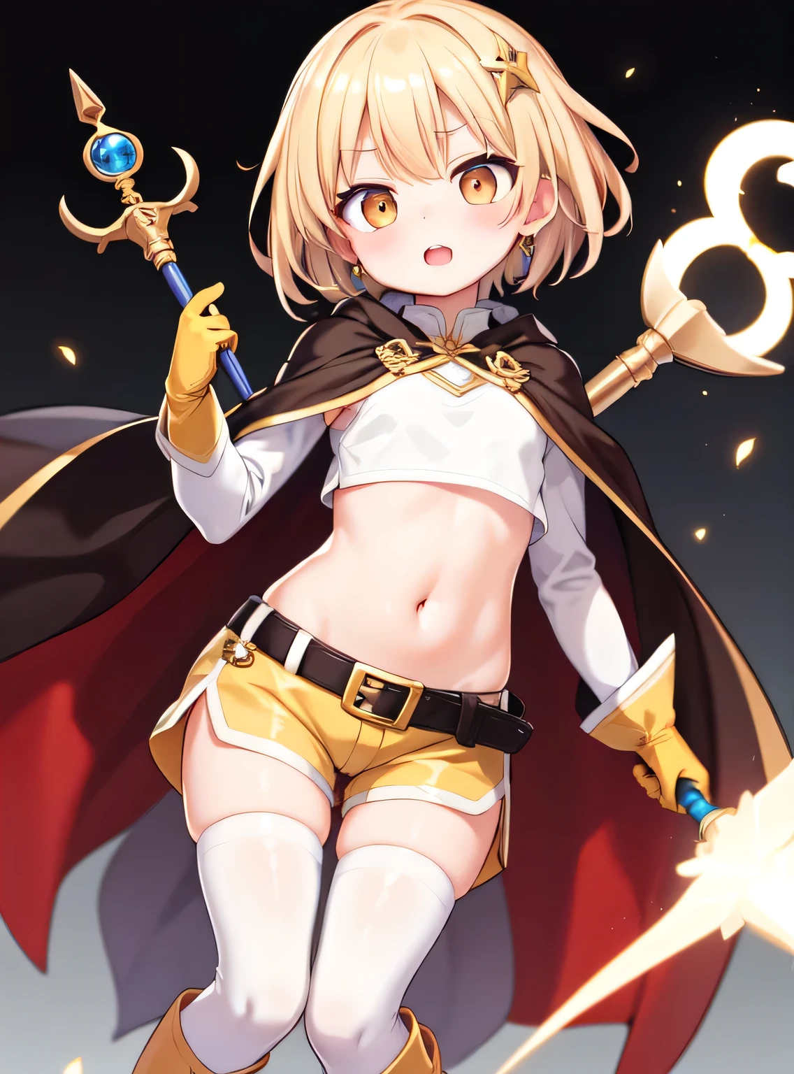 blonde hair, short hair, brown eyes, hair ornament, crop top, long sleeves, (covered navel), (brown bodystocking), bodysuit, cape, yellow gloves, belt, white shorts, white boots, jewelry, holding staff, dynamic angle,