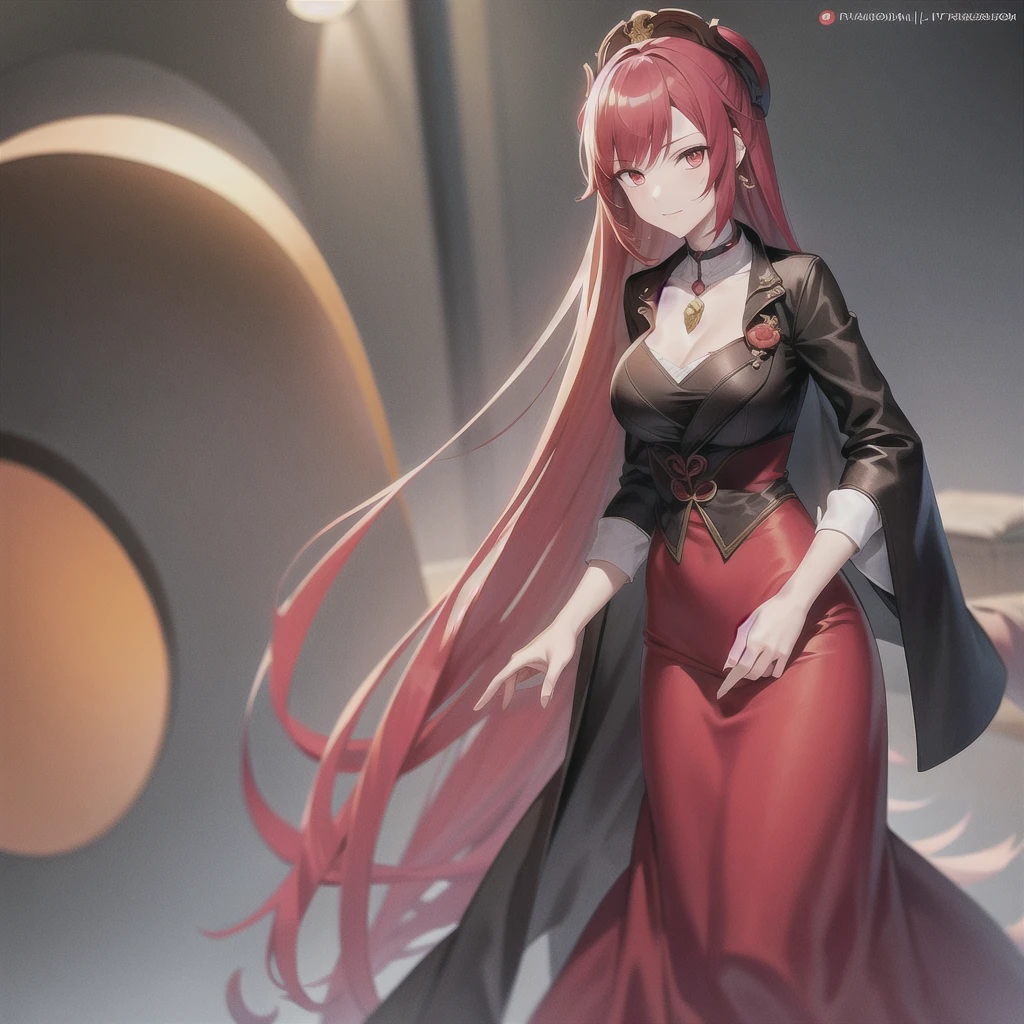 red hair, black jacket with red undertones, white dress, deep orange eyes, only one person, smug look, mature and older look, animemanga girl, detailed key animation art, changli from wuthering waves