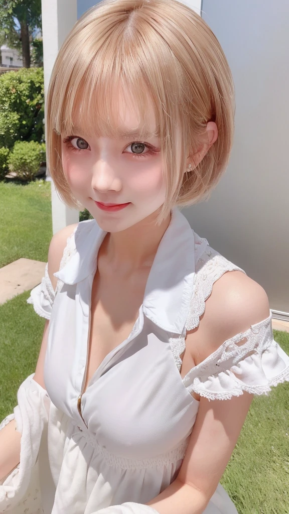 A girl with white skin and short hair。Blonde hair, big dark eyes, wearing summer clothes, sophisticated touch, full upper body, Pulling back,Her appearance will be impressive, Smiling and very cute,Attracts curious and inquisitive gazes.Selfie style,masterpiece, Attention to detail, high quality, 4K.