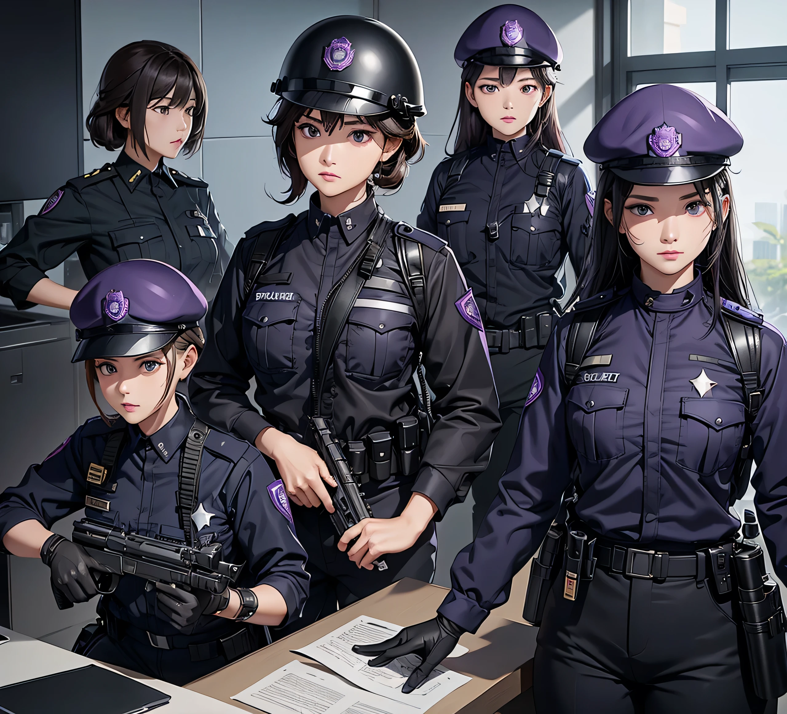 A group of female police officers all wearing purple and black uniforms,Wear a steel helmet、Military Pants、Individual equipment set、Alert with guns、Write details、masterpiece、best quality、Highly detailed CG、8K picture quality