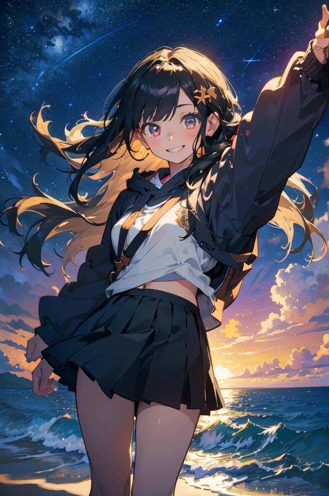 (masterpiece), (high resolution 8K), professional illustration,(1 girl:1.3), late age, standing, thigh focus, dutch angle, japanese clothes, hoody, mini-skirt , hair ornament, long hair, smile, looking up,on the beach, beautiful starry sky, night,natural lighting, high contrast, stunning face, symmetrical clear eyes, detailed eyes and face, detailed skin