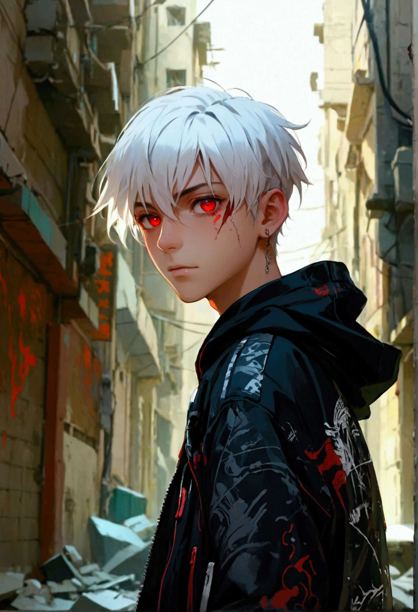 (high-quality, breathtaking),(expressive eyes, perfect face) portrait, Symmetrical Eyes, 1boy, male, teenager, solo, looking at viewer, portrait, simple background, white background, apocalyptic theme, ruined city buildings, alleyway, allen walker, red eye color, white hair, scar, facial mark, halfbody shot, medium hair length, shoulder length hair, confident expression, charming, black and red jacket, hood, red trim, smirk, cyberpunk clothing, Abzu, detailed eyes
