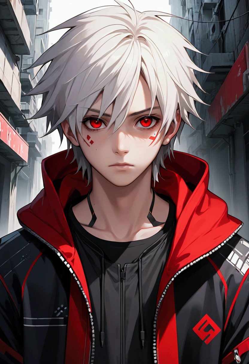(high-quality, breathtaking),(expressive eyes, perfect face) portrait, Symmetrical Eyes, 1boy, male, teenager, solo, looking at viewer, portrait, simple background, white background, apocalyptic theme, ruined city buildings, alleyway, allen walker, red eye color, white hair, scar, facial mark, halfbody shot, medium hair length, shoulder length hair, confident expression, charming, black and red jacket, hood, red trim, smirk, cyberpunk clothing, Abzu, detailed eyes