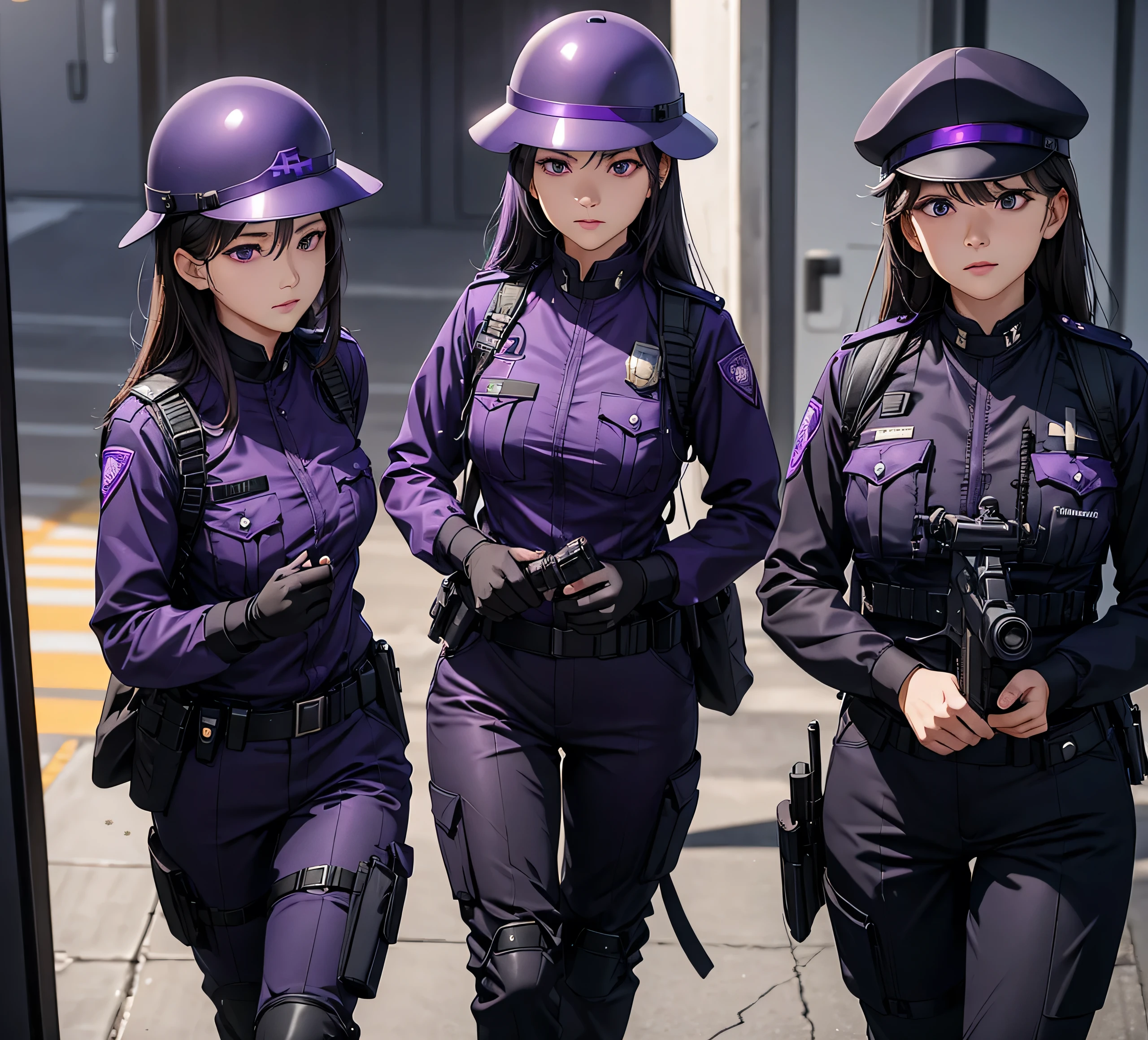 A group of female police officers all wearing purple black uniforms,Wear a purple black steel helmet、Wear purple black Military Pants、Individual equipment set、Alert with guns、Write details、masterpiece、best quality、Highly detailed CG、8K picture quality