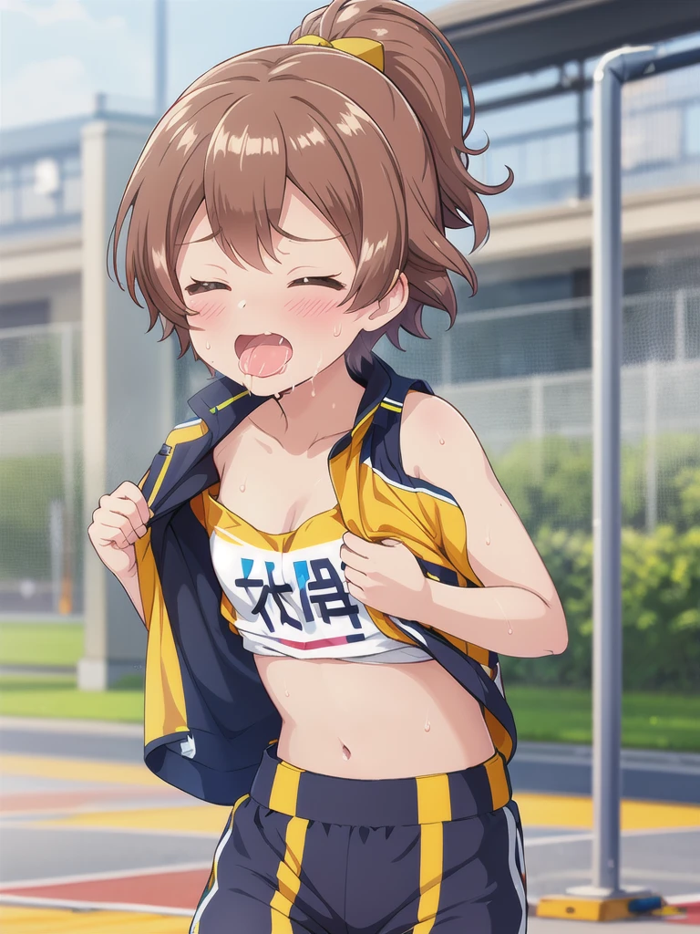 1girl,Outdoor,marathon,running,Close ~ eyes,orgasm,Dripping saliva,in heat,Track and field uniforms,Brown Hair, short hair, ponytail,Flat Chest,steam,upper body,undressing,bare breast,Cleavage,Sweating profusely