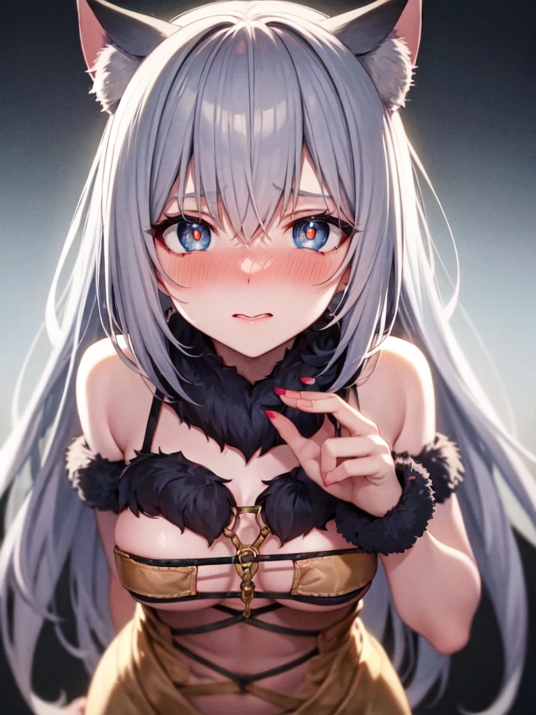 shy, embarrassed, blush, closed mouth, bright pupils, glint, red lips, nose blush, cat ears, longeyelashes, slit pupils, wide eyes, amber eyes, shiny hair, long hair, silver hair, high detail, anime, anime style, depth of field, cinematic lighting, ray tracing, masterpiece, accurate, anatomically correct, super detail, high details, high quality, best quality, highres, 4K