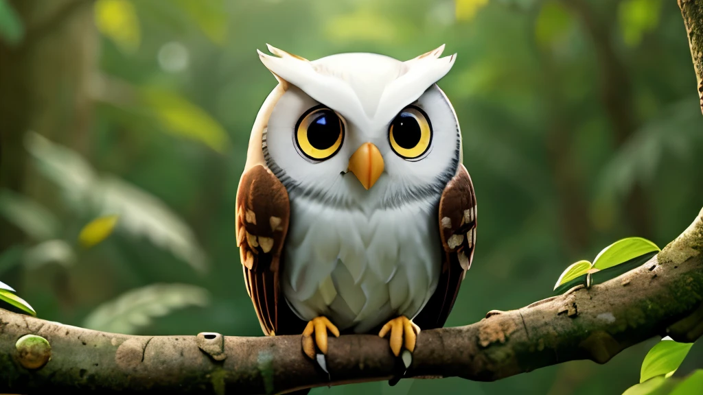 White Owl、Cute eyes、Perched on a tree、in the forest、Enlarge the pupil、