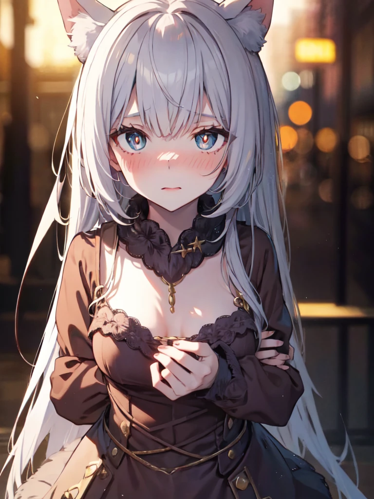 shy, embarrassed, blush, closed mouth, bright pupils, glint, red lips, nose blush, cat ears, longeyelashes, slit pupils, wide eyes, amber eyes, shiny hair, long hair, silver hair, high detail, anime, anime style, depth of field, cinematic lighting, ray tracing, masterpiece, accurate, anatomically correct, super detail, high details, high quality, best quality, highres, 4K