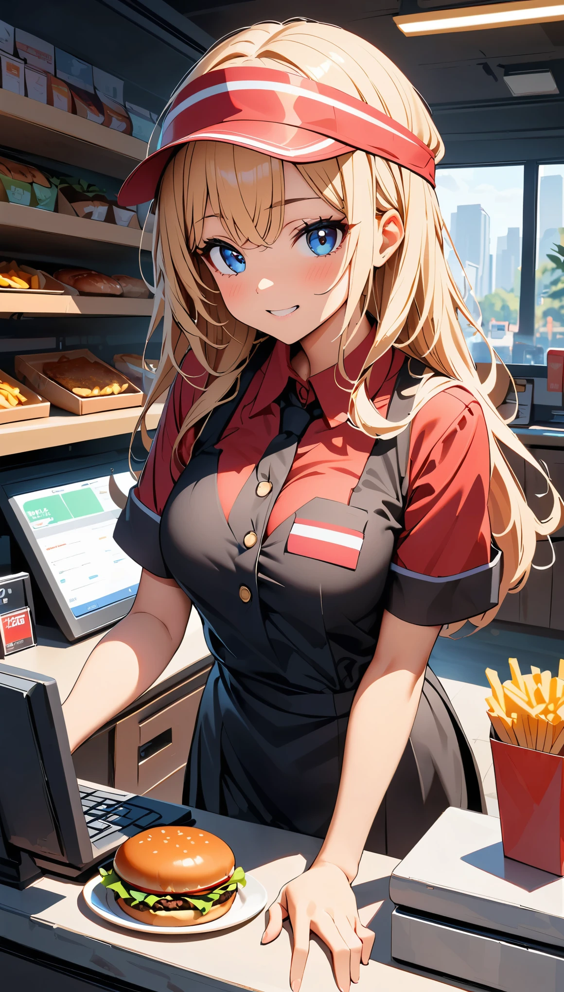 (Highest quality:1.2, Very detailed, up to date, Vibrant, Ultra-high resolution, High Contrast, masterpiece:1.2, Highest quality, Best aesthetics), 1 female, Female fast food store clerk, Red Shirt, Red visor, Black Mini Skirt, Hamburger Shop Uniform, Displayed Items, Bright interior, Female clerk at the counter, Pleasant background music, Cleanly swept floor, Tasty burger and fries, Items around the cash register,