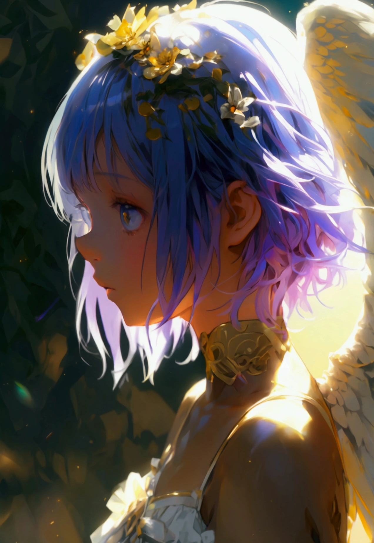 Short hair girl praying, angel wings coming out of the head, head on