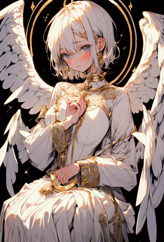 Short hair girl praying, angel wings coming out of the head, head on