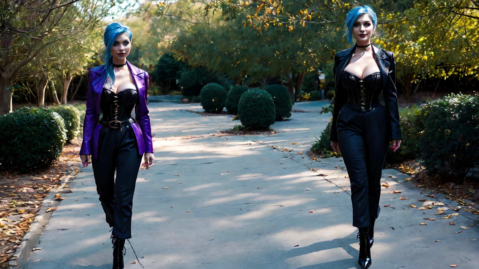 jinx, blue hair, blue leahter corset, black jacket,naked  big breast, purpble tight leahter Trousers, purple belt, black long high heels boots,walking in a Park area