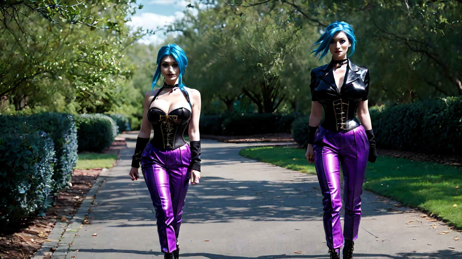 jinx, blue hair, blue leahter corset, black jacket,naked  big breast, purpble tight leahter Trousers, purple belt, black long high heels boots,walking in a Park area