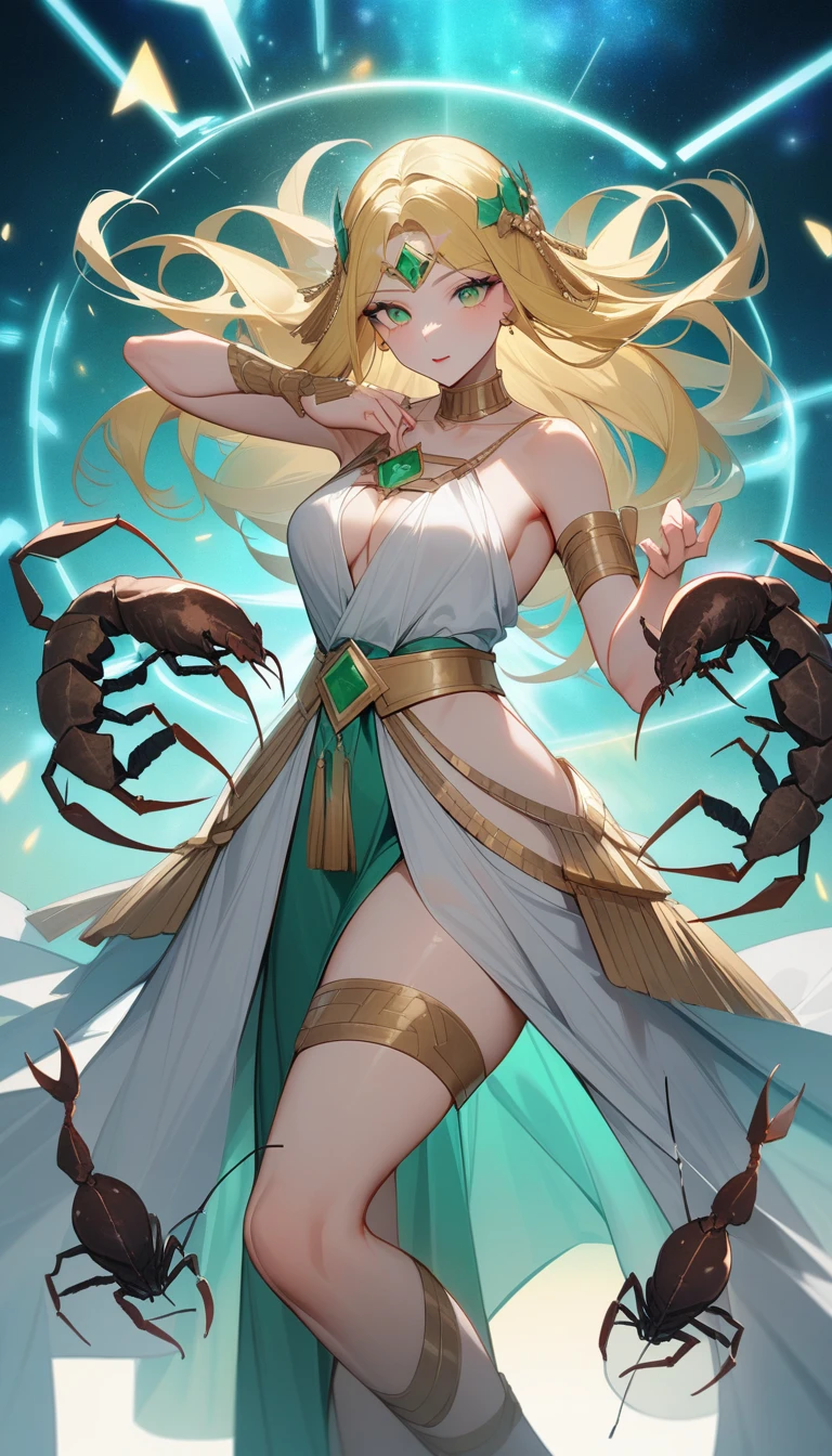 （Huang Li、high quality、Extremely detailed），Constellation - Scorpio Goddess，Huge scorpion，Woman stroking a scorpion，Similar to Latin goodness，brave，capricious，Productivity，The face of enterprising and humanitarianism，Long yellow hair，Ancient Greek costumes、Wrap Dress，Conservative clothing，The background is the universe，Crystal green eyes（Eyes Details），Powerful appearance, Correct anatomy