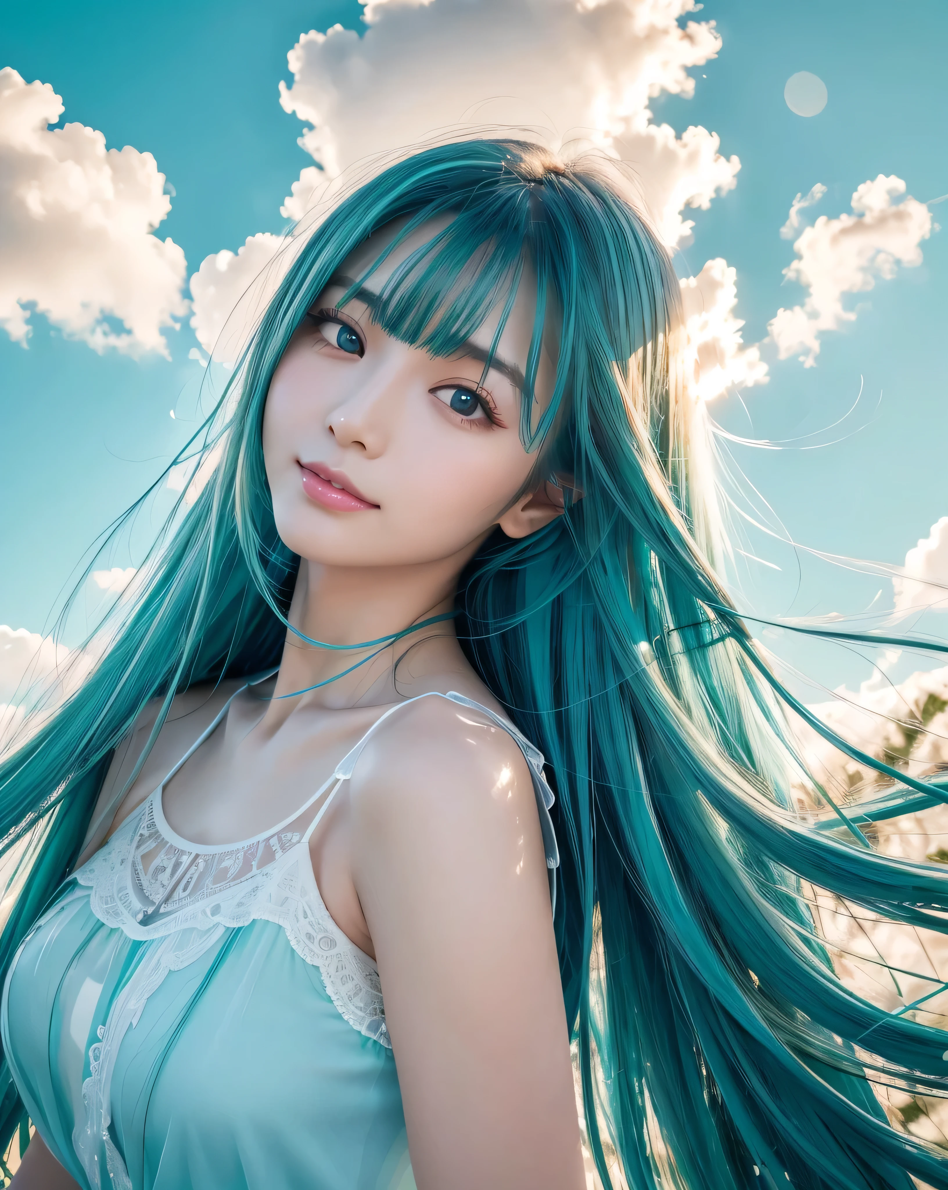 (Highest quality, 32k, High resolution, Masterpiece:1.5, ), marimo_jet, god々A photograph with brilliant dazzling and healing power., Evoking a sense of calm and elusive beauty, Expressing emotions, Have a rich imagination, Beautiful Japanese Girls, ((Low - Angle:1.4)), An exceptionally beautiful face, Small Face Beauty, Perfect Human Anatomy, Magical big eyes, Motherhood and generosity, Deep Love, fleeting smile, ((Shiny turquoise hair:1.4)), Super long straight silk hair swaying in the wind, Asymmetrical bangs, Hair between the eyes, Transparent, soft white skin, Sharp eyebrows, Thin lashes, Natural Makeup, Cheek highlighter, Lips with fine detail, (White see-through camisole:1.4), High resolution perfect collarbone, High resolution beautiful bust, Slim figure with ample breasts, High resolutionの美しい太もも, ((Beautifully detailed skies:1.2)), ((Vibrant petal effect:1.3)), Professional photographer, Professional Lighting, Professional models, God&#39;s Secret