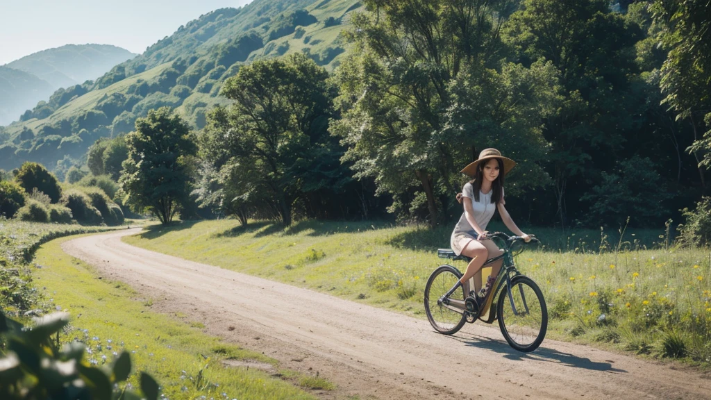 a cute girl in a field, riding a bicycle by a stream, in the middle of summer, with clear air and beautiful scenery. The image is in 16:9 resolution.