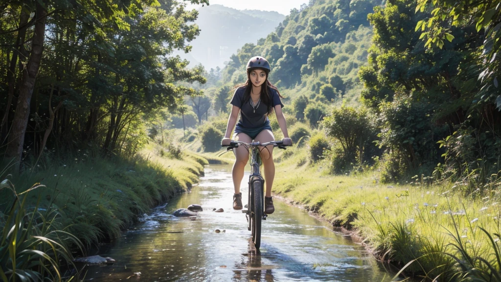a cute girl in a field, riding a bicycle by a stream, in the middle of summer, with clear air and beautiful scenery. The image is in 16:9 resolution.
