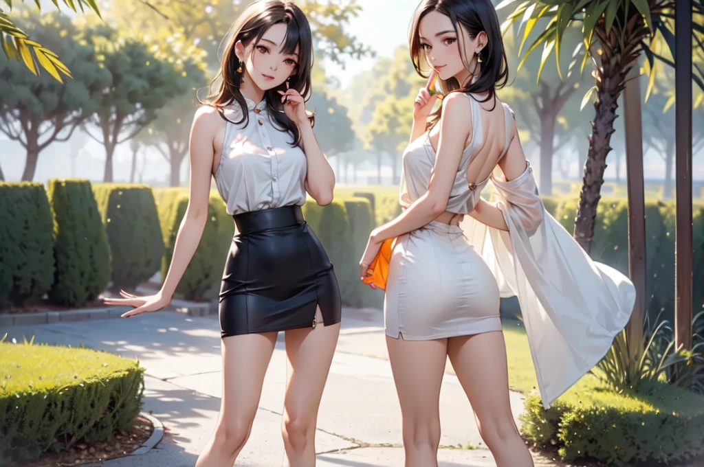 ,(Natural finger shape:1.5),((Full Body Shot,Including face)),4K,masterpiece,((Focus on the face)),((Symmetrical facitures)),Eye for detailed depiction,Beautiful woman,Excellent style,Beautiful feet,(Small Ass,Thin thighs),(stockings,High heels),Facial det,Small earrings,Low angle photo,((Orange enamel sleeveless,Enamel skirt)),Stretching exercises in a park surrounded by lush greenery early in the morning,blue blonde,Close-up photo of the upper body