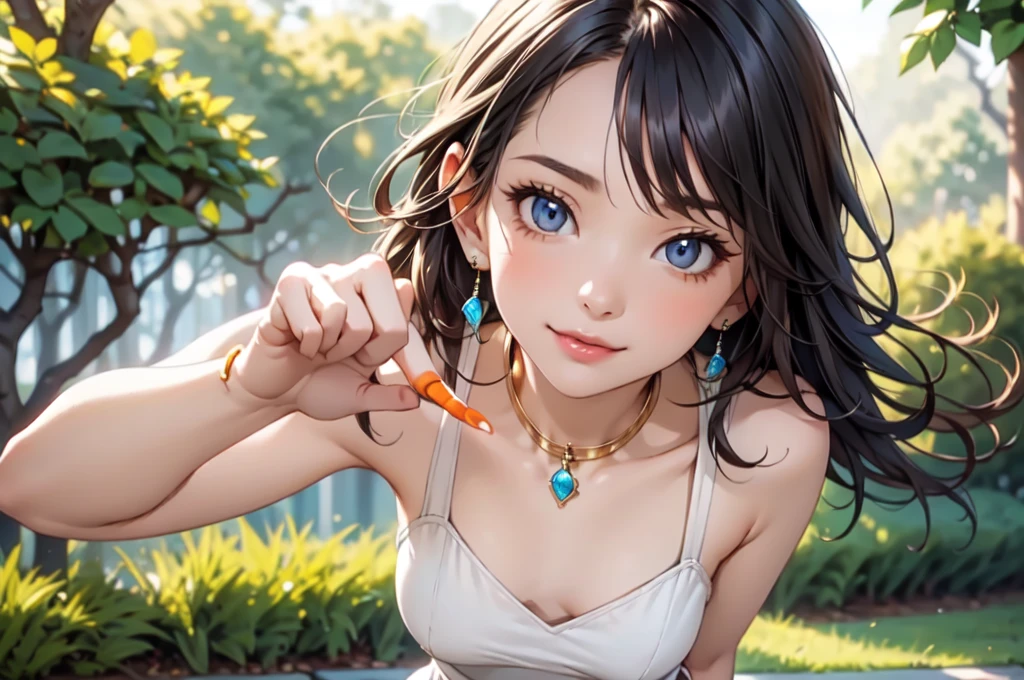NSFW,(Natural finger shape:1.5),((Full Body Shot,Including face)),4K,masterpiece,((Focus on the face)),((Symmetrical facial features)),Eye for detailed depiction,Beautiful woman,Excellent style,Beautiful feet,(Small Ass,Thin thighs),(stockings,High heels),Facial detailing,Small earrings,Low angle photo,((Orange enamel sleeveless,Enamel skirt)),Stretching exercises in a park surrounded by lush greenery early in the morning,blue blonde,Close-up photo of the upper body
