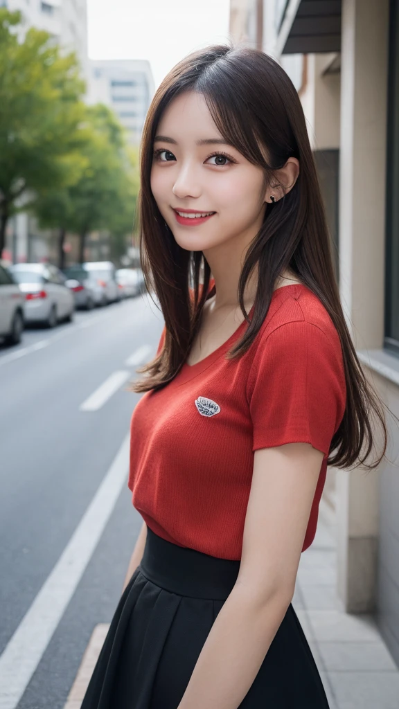 masutepiece, Best Quality, Illustration, Ultra-detailed, finely detail, hight resolution, 8K Wallpaper, Perfect dynamic composition, Beautiful detailed eyes, doress,Medium Hair, Mid-chest, Natural color lip, Random and sexy poses,Smile,Aoyama Street Walk、20 years girl, Black palid shirt, red palid skirt、Selfie