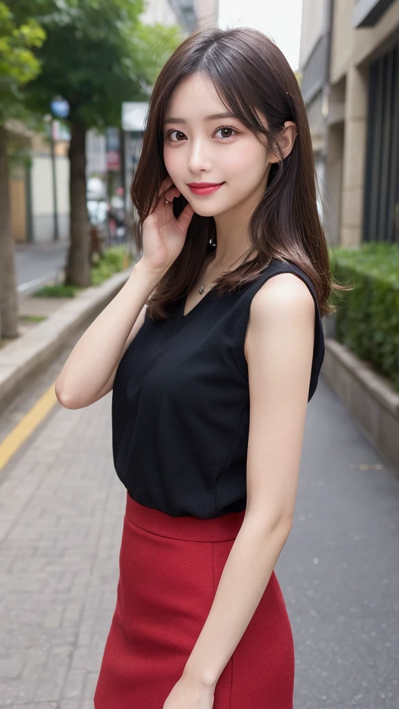 masutepiece, Best Quality, Illustration, Ultra-detailed, finely detail, hight resolution, 8K Wallpaper, Perfect dynamic composition, Beautiful detailed eyes, doress,Medium Hair, Mid-chest, Natural color lip, Random and sexy poses,Smile,Aoyama Street Walk、20 years girl, Black palid shirt, red palid skirt、Selfie