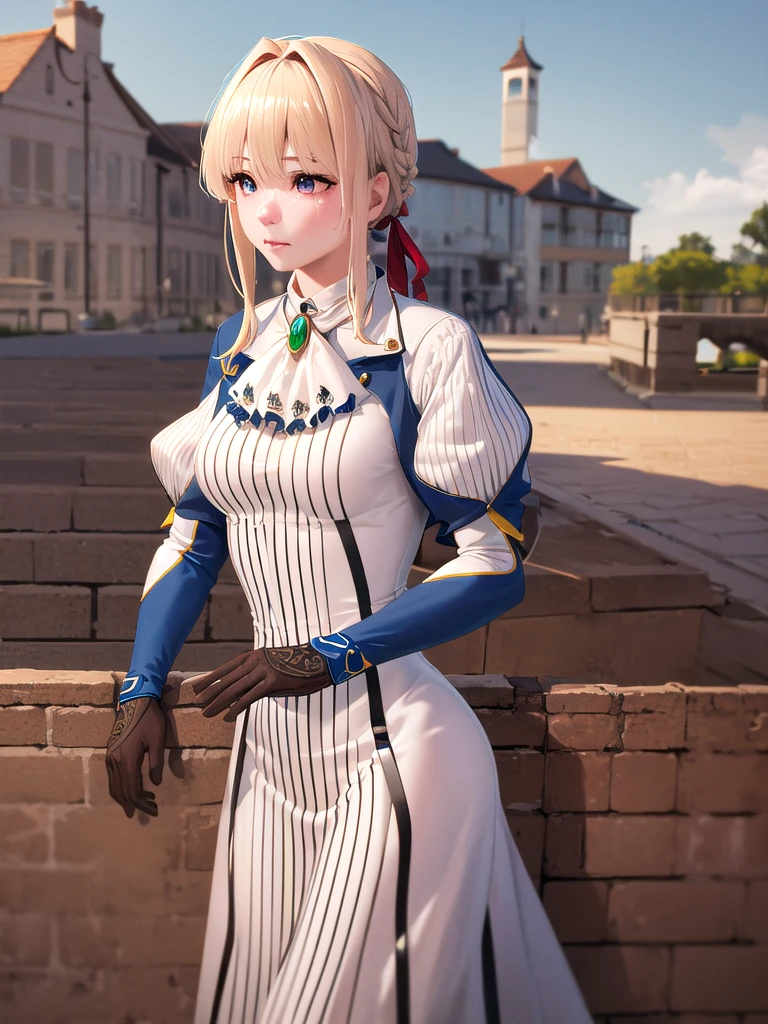 Great Joy:1.3, masterpiece, Highest quality, High resolution, Violet Evergarden, Braiding, Hair Ribbon, Red ribbon, jewelry, White Ascot, brooch, Blue jacket, Long sleeve, Brown gloves, White Dress, Long dress, Are standing, Cowboy Shot, Outdoor, unity 8k wallpaper, (figure:0.8), (Beautiful attention to detail:1.6), Highly detailed face, Perfect lighting, Highly detailed CG, (3D Face:1.1), (Shiny skin:1.5), (超High resolution intricate face details), (Facial skin pores:1.3), 超High resolution cloth texture
