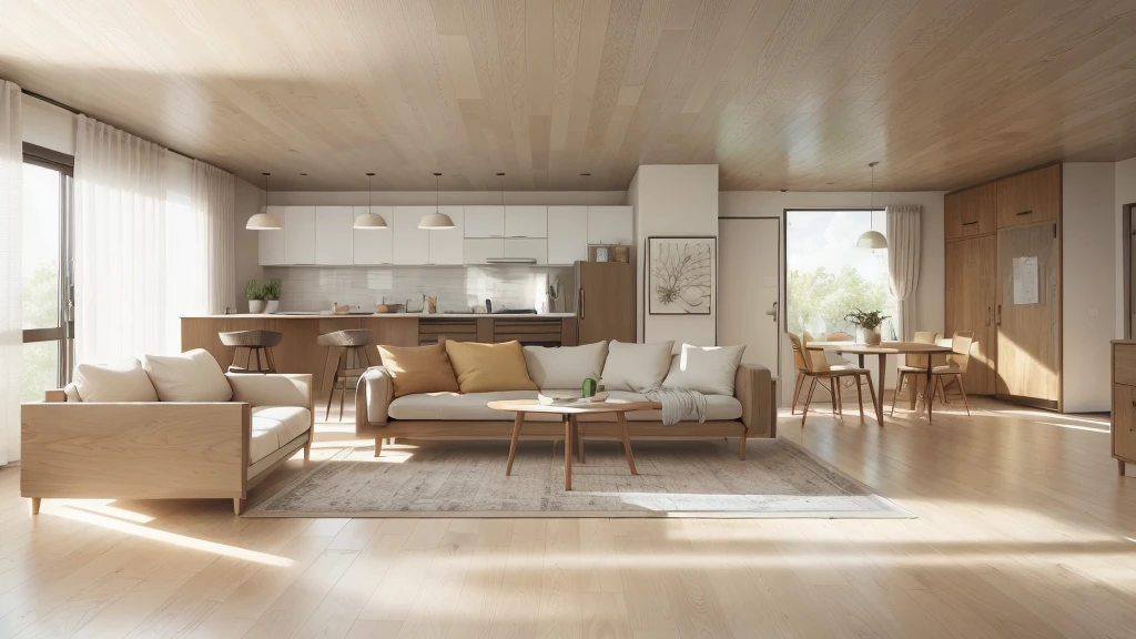 Beautiful modern living room sketch, (((Foster parents and partners, Artist&#39;s impression, Artistic impression, Hamish McDonald, Carrie Morris, David Brewster, higher 詳細なAn illustration, Helen Berman, An illustration, 詳細なAn illustration, Nick Fudge, By Warren May, Artist&#39;s impression))), Red kitchen cabinets behind a white sofa, I rarely put pictures on the walls, Linen curtains next to a classroom window, Coffee table, Modern wood, Magnetically illuminated ceiling, White Fabric PRB Texture, PRB Texture for Wooden Floor,