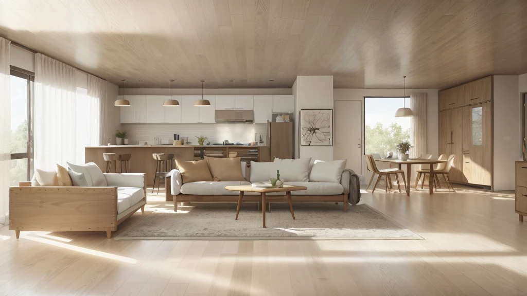 Beautiful modern living room sketch, (((Foster parents and partners, Artist's impression, Artistic impression, Hamish McDonald, Carrie Morris, David Brewster, higher 詳細なAn illustration, Helen Berman, An illustration, 詳細なAn illustration, Nick Fudge, By Warren May, Artist's impression))), Red kitchen cabinets behind a white sofa, I rarely put pictures on the walls, Linen curtains next to a classroom window, Coffee table, Modern wood, Magnetically illuminated ceiling, White Fabric PRB Texture, PRB Texture for Wooden Floor,