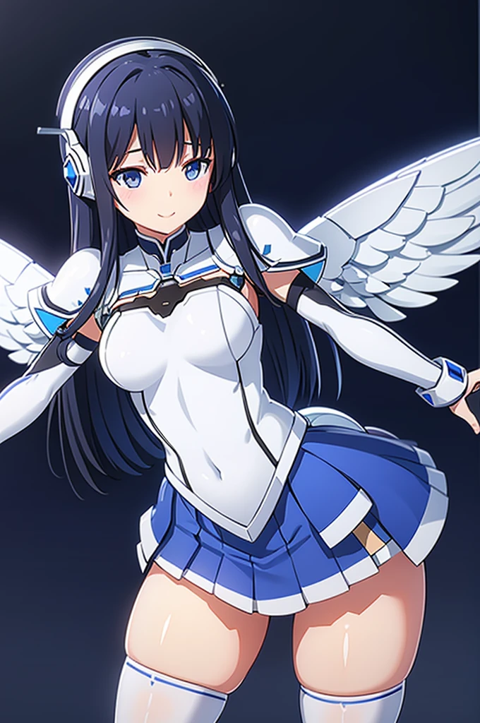 Mecha Wings、White and blue skirt、Accentuated thighs、White tights、chest、Beautiful black hair、1 girl、solo girl、Thick thighs、is、Frame Arms Girl、Alice Gere Aegis、White Armor、Blue and purple lines、income、headphone、hand on own chest、smile、idol costume、Shiba Miyuki