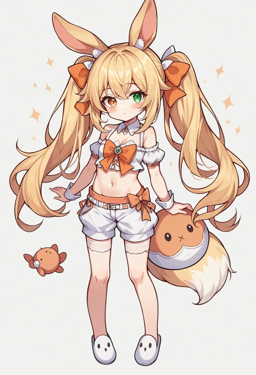 cute ,1girl, animal ears, bangs, bare shoulders, blonde hair, blush, bow, breasts, white cleavage, cropped torso, , green eyes, hair ribbon, heterochromia,  stlooking at viewer, , orange bow, orange eyes, orange ribbon, ears like an unearthly animal, fluffy tail, light tail, real tail, ribbon, solo, stuffed animal, stuffed bunny, stuffed toy, twintails, upper body, full-length, white legbands, white shoes with lace and white bows, white background, wrist cuffs, yellow eyes, bloomers, close-up, fair skin frills, lace, midriff, skirt, solo, , white background,shorts, white top with ribbon and lace and trousers,trousers, genshin,white slippers with a bow,All clothes are white, laceAt full height, it stands, в полный рост