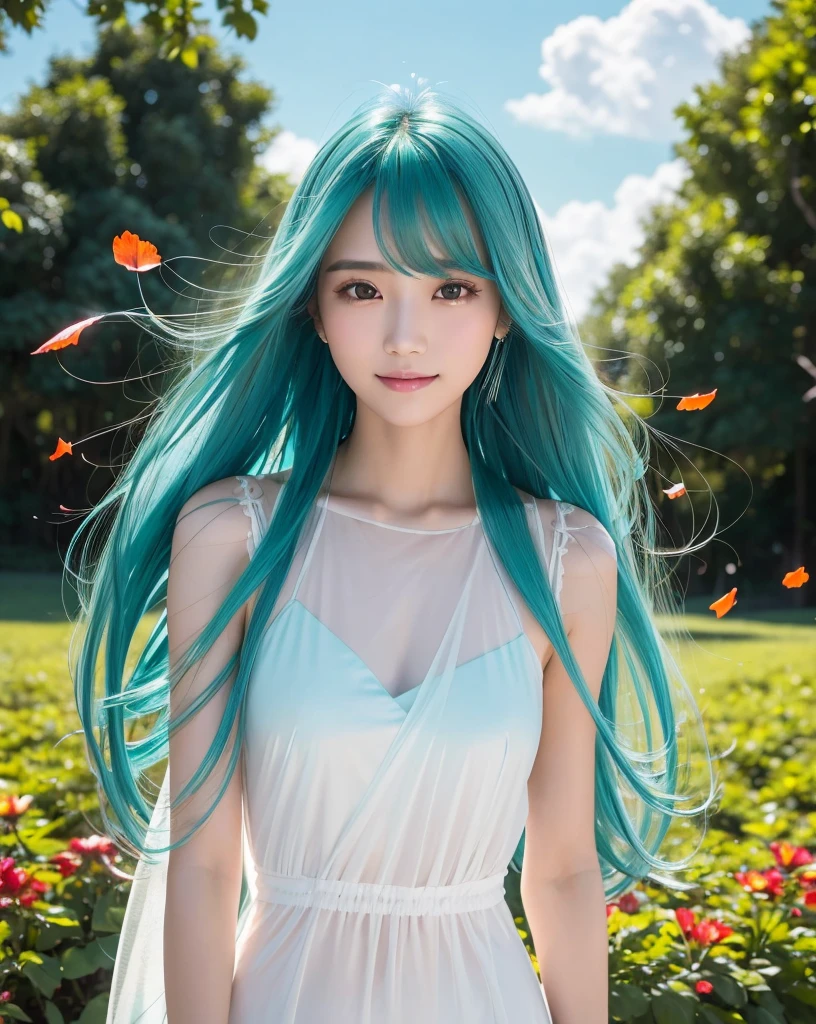 (Highest quality, 32k, High resolution, Masterpiece:1.5, ), marimo_jet, god々A photograph with brilliant dazzling and healing power., Evoking a sense of calm and elusive beauty, Expressing emotions, Have a rich imagination, Beautiful Japanese Girls, ((whole body:1.3)), An exceptionally beautiful face, Small Face Beauty, Perfect Human Anatomy, Magical big eyes, Motherhood and generosity, Deep Love, fleeting smile, ((Shiny turquoise hair:1.4)), Super long straight silk hair swaying in the wind, Asymmetrical bangs, Hair between the eyes, Transparent, soft white skin, Sharp eyebrows, Thin lashes, Natural Makeup, Cheek highlighter, Lips with fine detail, (White see-through camisole:1.4), High resolutionの完璧な鎖骨, High resolutionの美しい胸元, Slim figure with ample breasts, High resolutionの美しい太もも, ((Beautifully detailed skies:1.2)), ((Vibrant petal effect:1.3)), Professional photographer, Professional Lighting, Professional models, god秘的