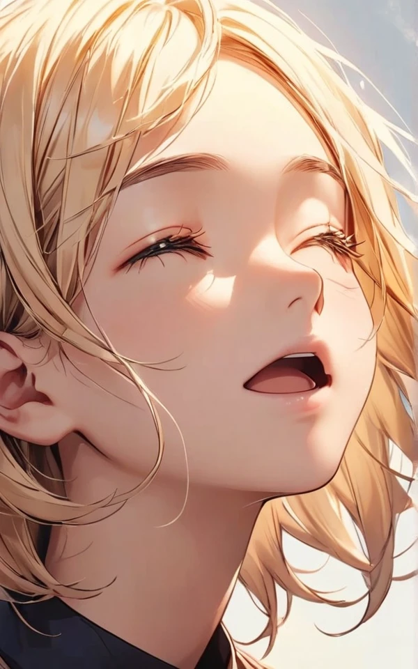 close-up, face, open mouth, looking up, closed eyes, short hair,sitting, simple background