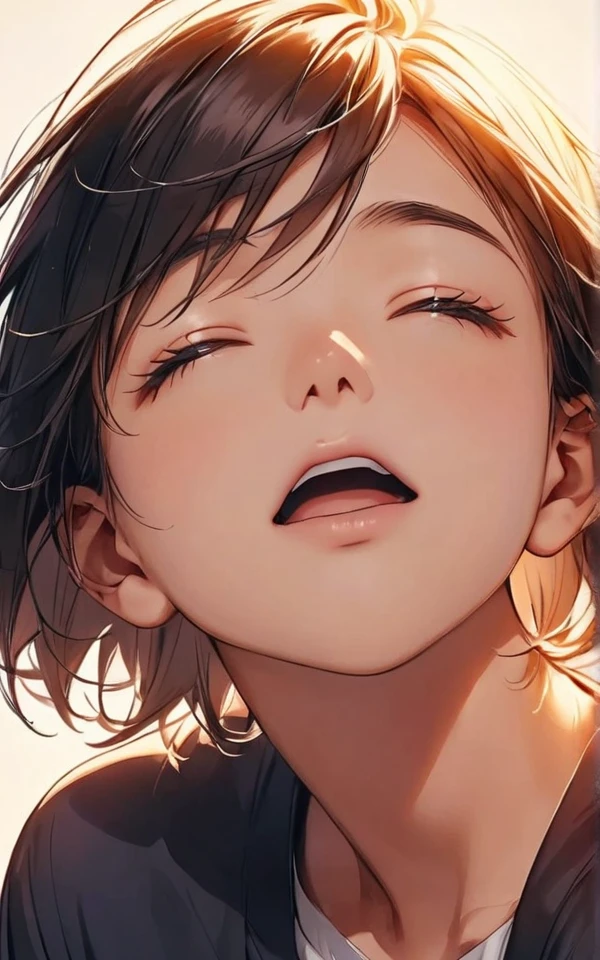 close-up, face, open mouth, looking up, closed eyes, short hair,sitting, simple background