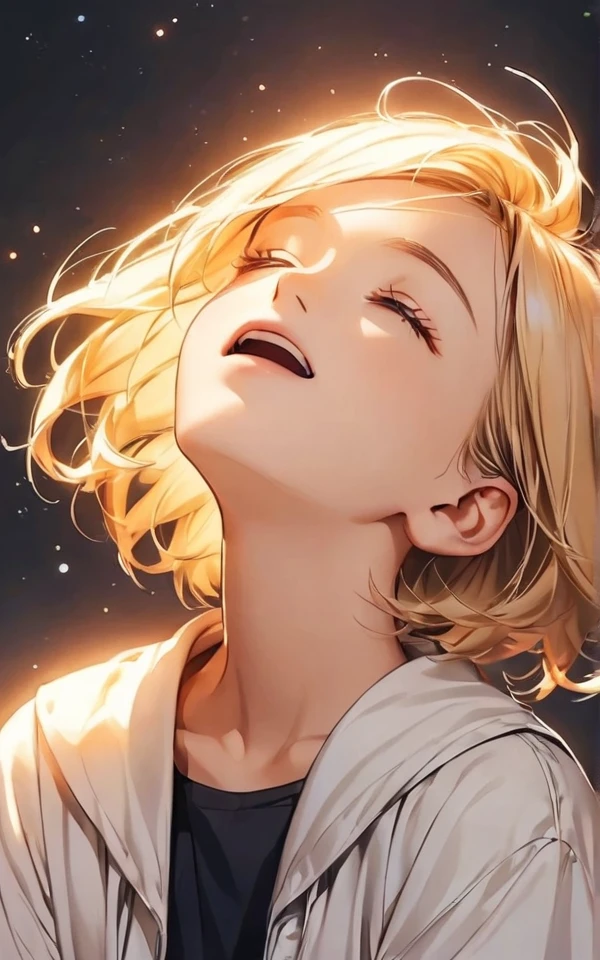 close-up, face, open mouth, looking up, closed eyes, short hair,sitting, simple background