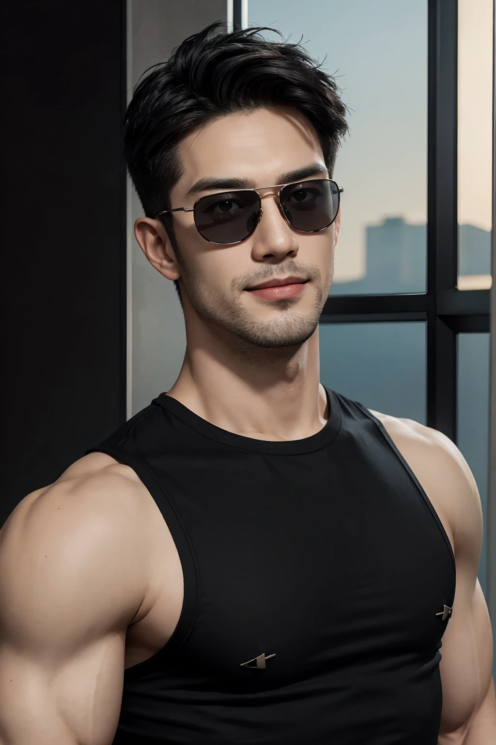 Ultra wide angle，-(men)), (front view), (half body view), (Handsome muscular man in his 30s wearing black pilot sunglasses, and luxury black singlet), Full chest muscles，zi wang (Prince chiu), Mischievous smile, (detail: 1 in 1), Natural muscles, HIG quality, beautiful eyes, (Detailed face and eyes), (Face、: 1 / 2), fresh lips, Noise, Real Photographics, ... ...................................................................................................PSD, Sharp Focus, High resolution (8K), realistic & Professional Photography, 8K UHD, Soft lighting, High quality, Film grain, fujifilmxt3