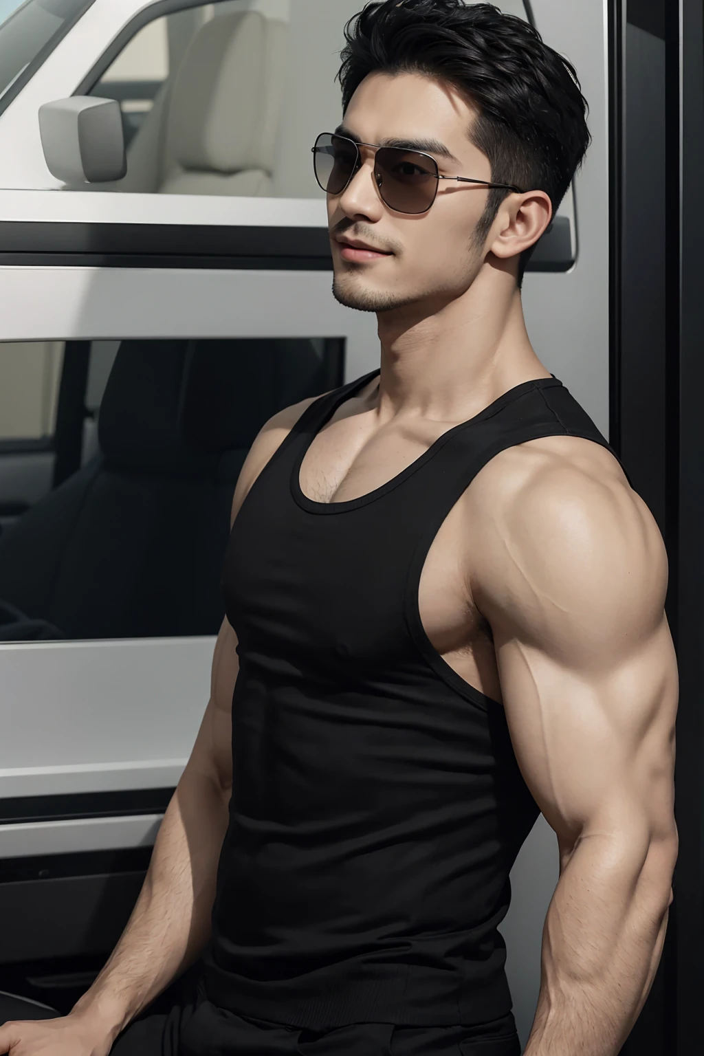 Ultra wide angle,-(men)), (front view), (half body view), (Handsome muscular man in his 30s wearing black pilot sunglasses, and luxury black singlet), Full chest muscles,zi wang (Prince chiu), Mischievous smile, (detail: 1 in 1), Natural muscles, HIG quality, beautiful eyes, (Detailed face and eyes), (Face、: 1 / 2), fresh lips, Noise, Real Photographics, ... ...................................................................................................PSD, Sharp Focus, High resolution (8K), realistic & Professional Photography, 8K UHD, Soft lighting, High quality, Film grain, fujifilmxt3