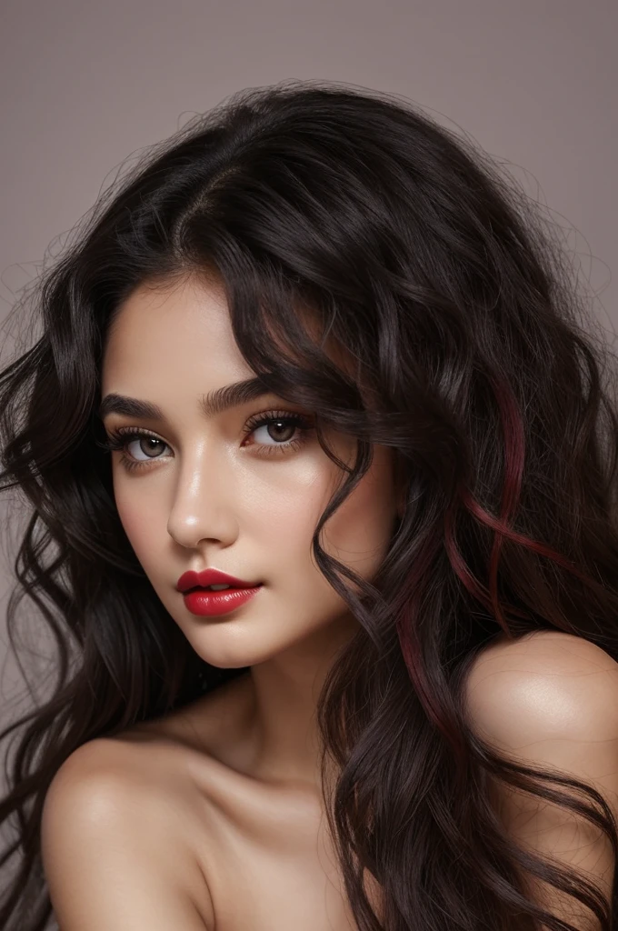 ((best quality)), ((masterpiece)), (detailed), perfect face
-A girl with a long black curly hair, Grey eyes, Siren eyes, High nose bridge, plum natural red lips, Fair skim