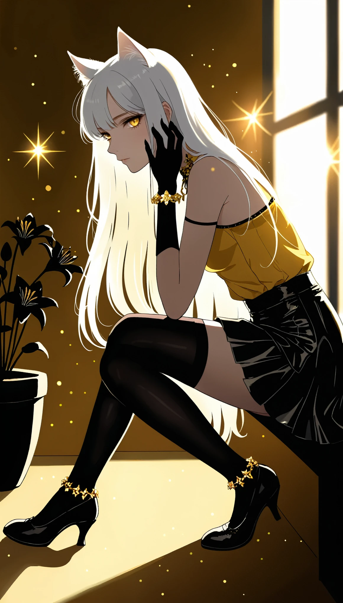 in style of Harry Clarke,1girl,Yellow shirt,black leather skirt,Squatting,(adjusting footwear:2),white Cat ear,Black stockings,Long hair falling down,The light from the window shines through my hair,from side,(spend a leg:1.3),tie,Small bell bracelet,heles,
BREAK
Looking at the audience,(White long hair:1.1),indoor,Yellow background,Background blur,Black Lily Flower Pot,Golden Hour,depth of field,chiaroscuro,sparkle,comic 2.5d hand-drawn style,trending on deviantart,(look at the viewer:2.2)