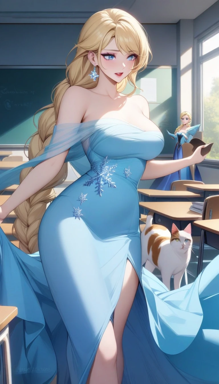 masterpiece, best quality, very aesthetic, absurdres, 1girl, mature_lady, hold a cat,1cat,,elsa_(frozen), frozen_(disney), 1girl, blonde_hair, blue_eyes, braid, medium_breasts, single_braid, earrings, snowflake_earrings, eyeshadow, makeup, long_hair, very_long_hair, bare_shoulders, blue_dress, cape, dress, long_dress, strapless, strapless_dress, blue_footwear, high_heels,in classroom,floating_clothes