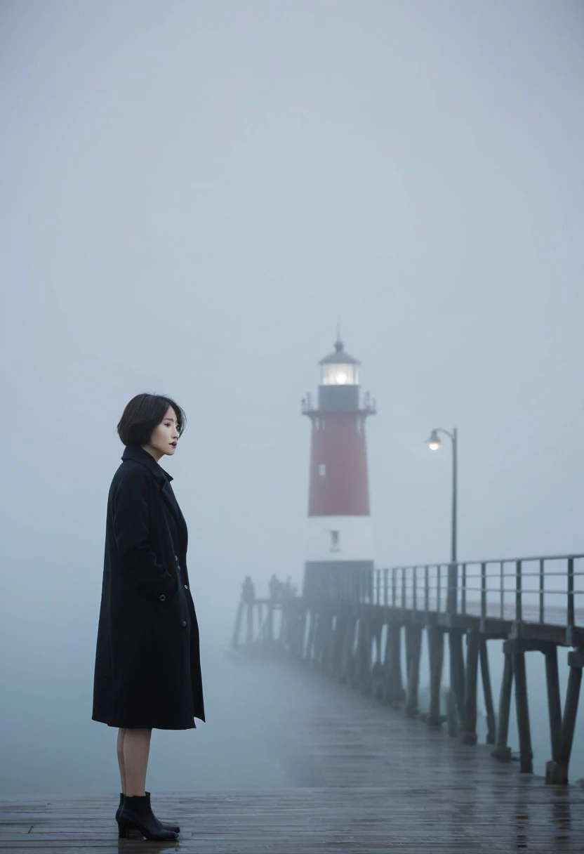 Korean woman,Short hair, black coat, cool,rain,blur,Fog,middle,cool,boring,,pier,only,lighthouse,Coast, The dim light shines in the Fog,and the figure stands in the Fog holding , Faintly visible,