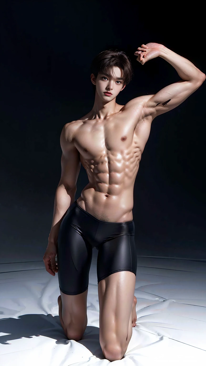 masterpiece,best quality,Look up at the characters,Front view,Stay away from the camera, (An 18-year-old boy with extraordinary development:1.2), (Tall and fit body),Huge body,(Kneeling on the beach),Black and white tight-fitting cycling suit,Broad and straight shoulders,Muscular shoulders,(Extremely strong body),Muscular body,Fitness,Perfect body proportions,Inverted triangle figure,Biceps,Highlight muscle texture, Muscular body,Slender and toned legs,Small head,Handsome and cute face,Perfectly detailed facial features,Looking at the camera,A serious and angry expression,leaning back,head tilt, happy, very short hair, brown hair,(looking at viewer:1.2),Vision